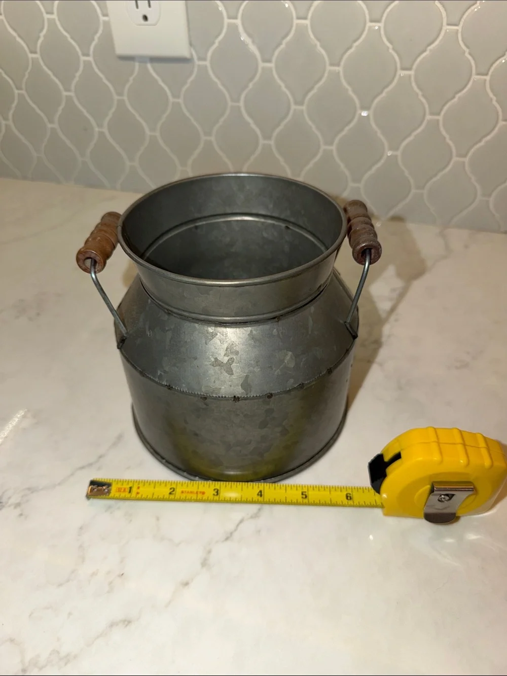 Galvanized Metal Milk Can with Wooden Handles - Silver Vase Bucket